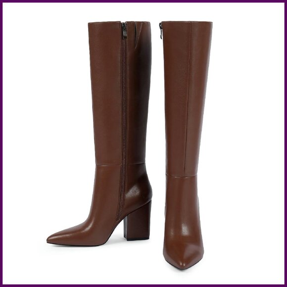 Pointed Toe Knee High Boots Chunky Heel PU Leather Fall Fashion